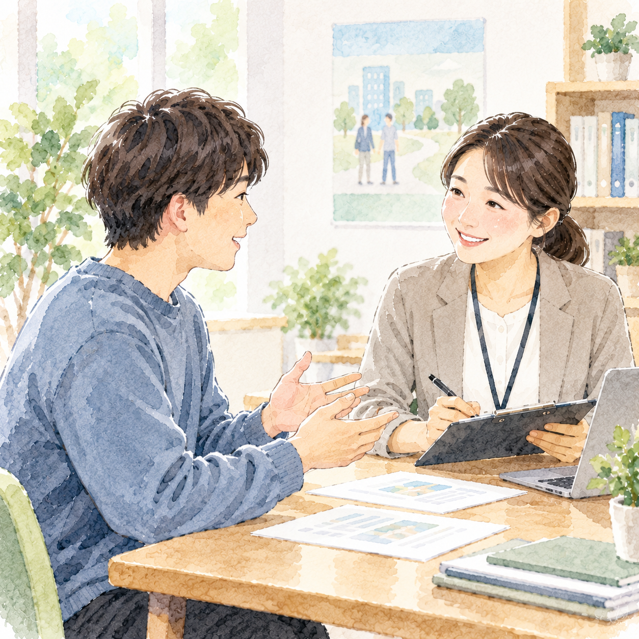 仕事や働き方について相談員に希望を伝える人のイラスト