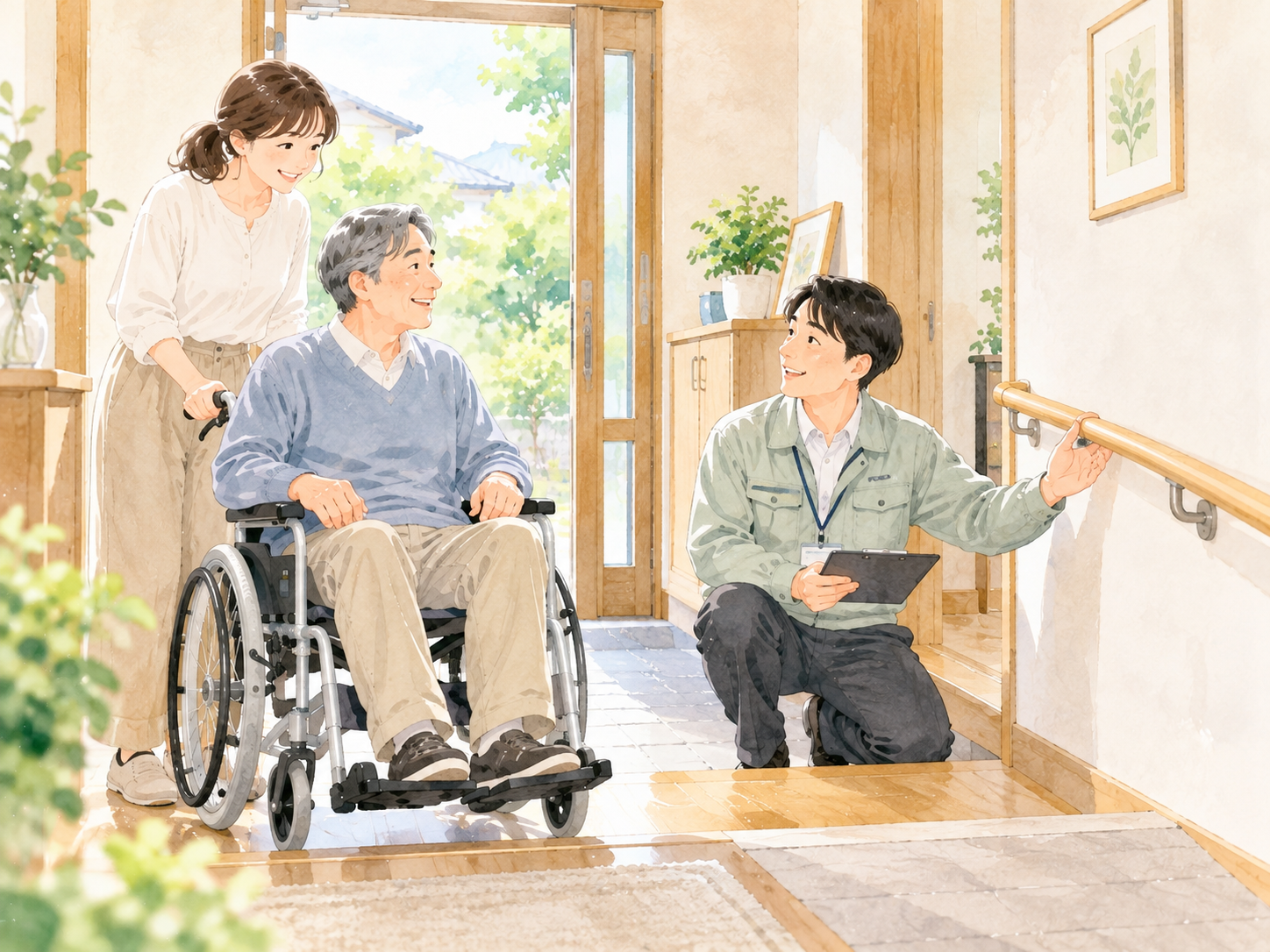 車いすを利用する人と家族が、住宅の手すりや段差について相談している水彩イラスト