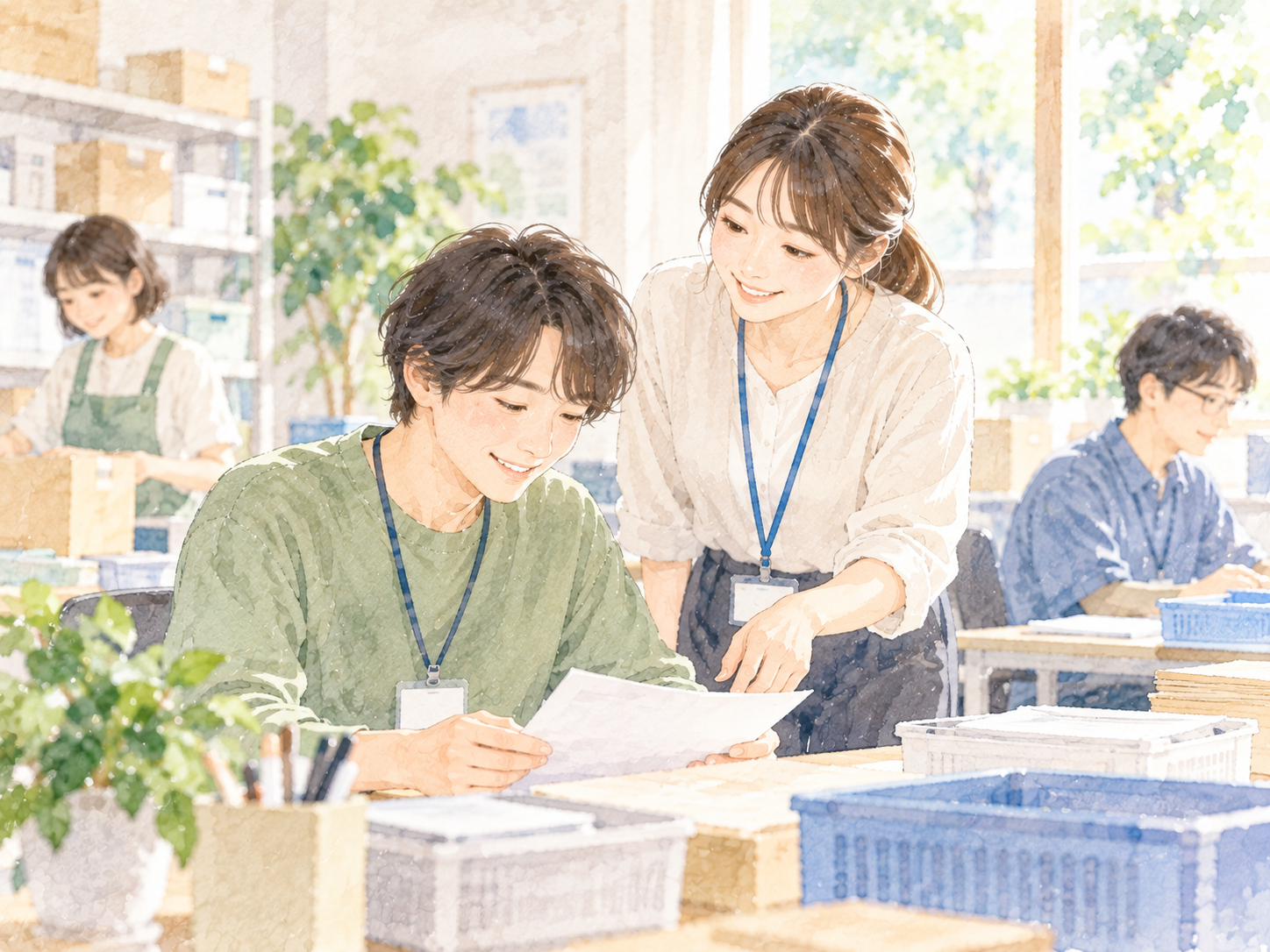 明るい職場で、同僚と協力しながら仕事に取り組む人たちの水彩イラスト