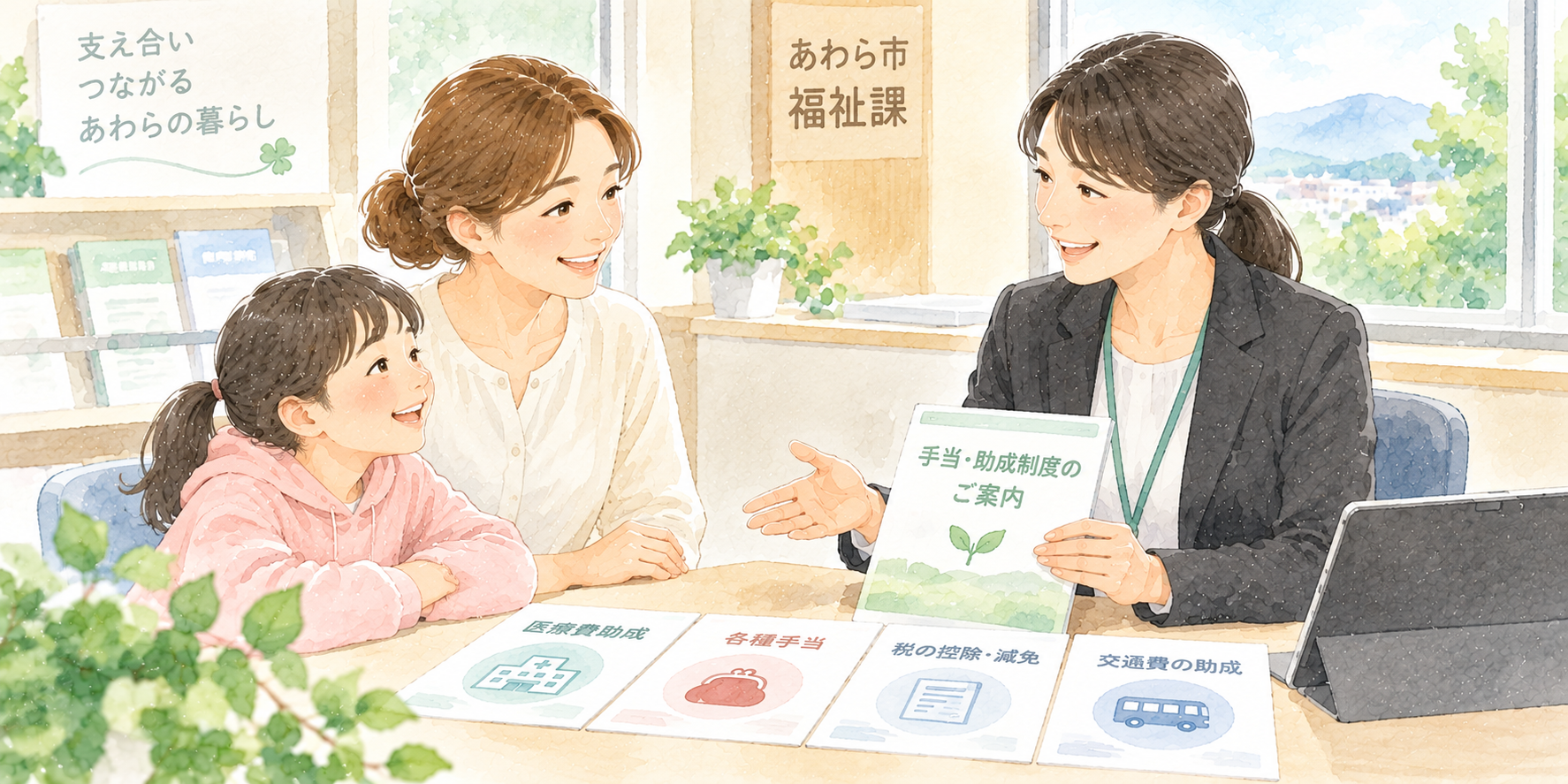 家族が福祉課の相談員と各種手当について相談している水彩イラスト