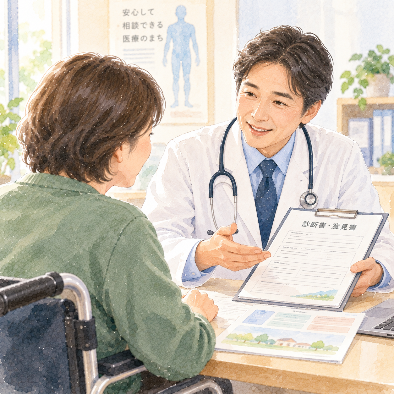 医師に身体障害者手帳の診断書について相談する人の水彩イラスト