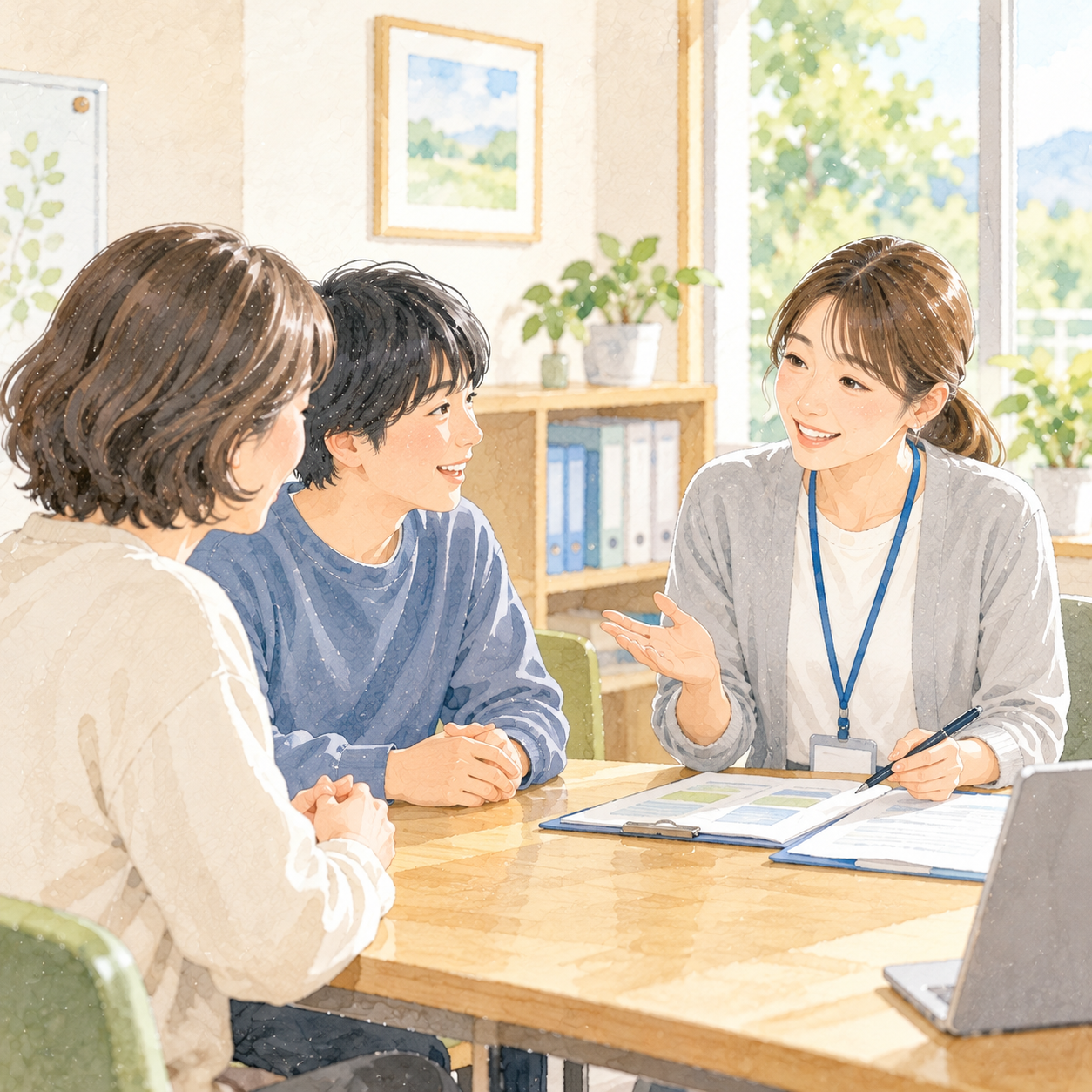 本人や家族が相談支援専門員と生活の希望や必要なサービスについて話し合う水彩イラスト