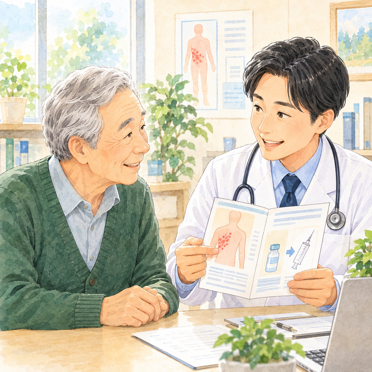帯状疱疹の予防接種について医師から説明を受けるイメージ