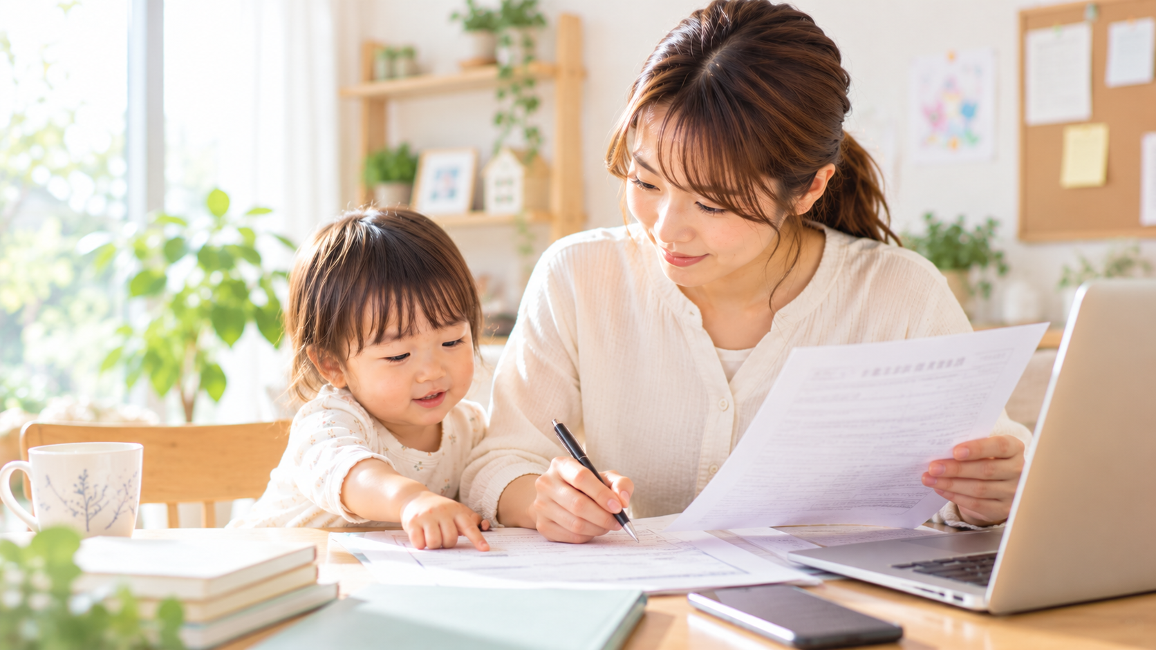 自宅で申請書類を確認する親子のイメージ