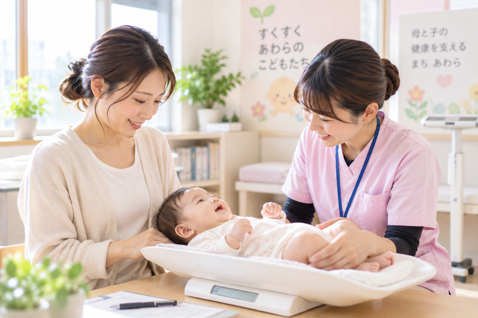 保健センターで赤ちゃんの体重を確認しながら相談するイメージ