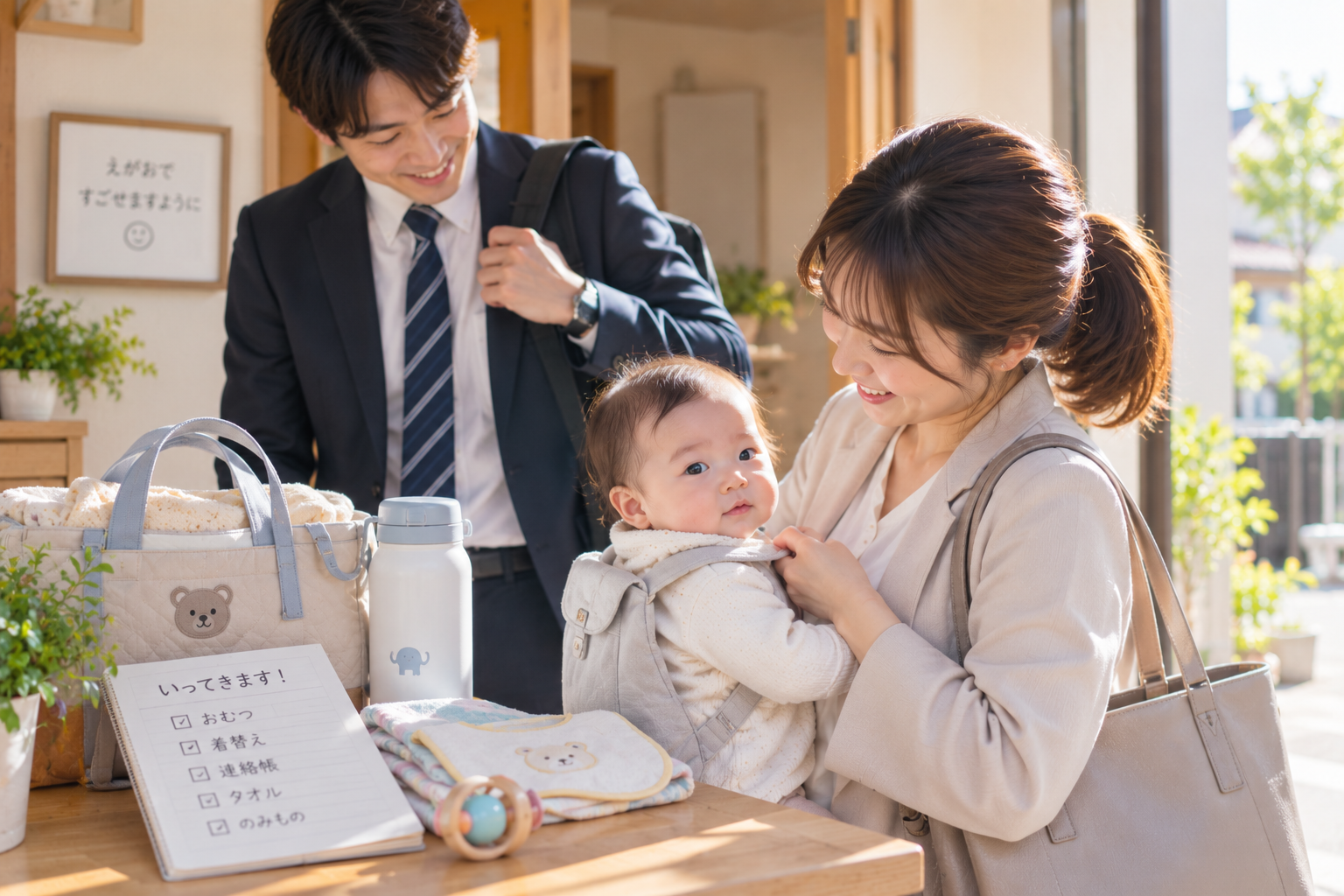 仕事帰りに園で子どもを迎える保護者と保育者のイメージ