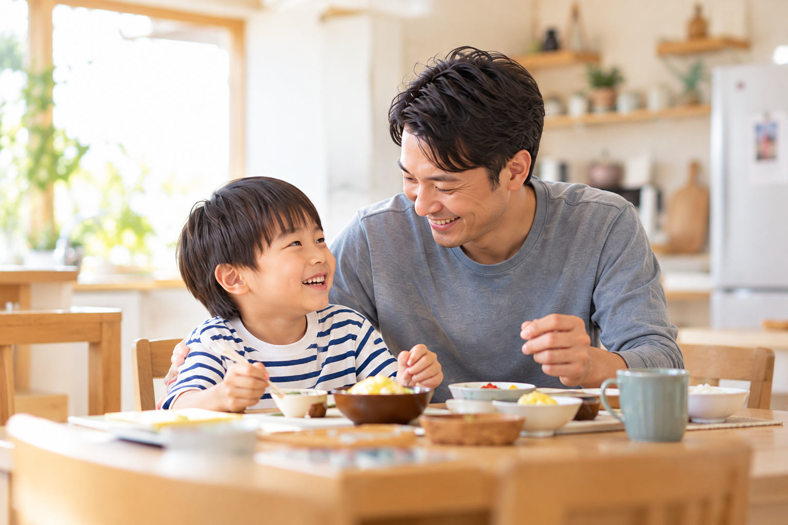親子が家庭で穏やかに食事をしているイメージ