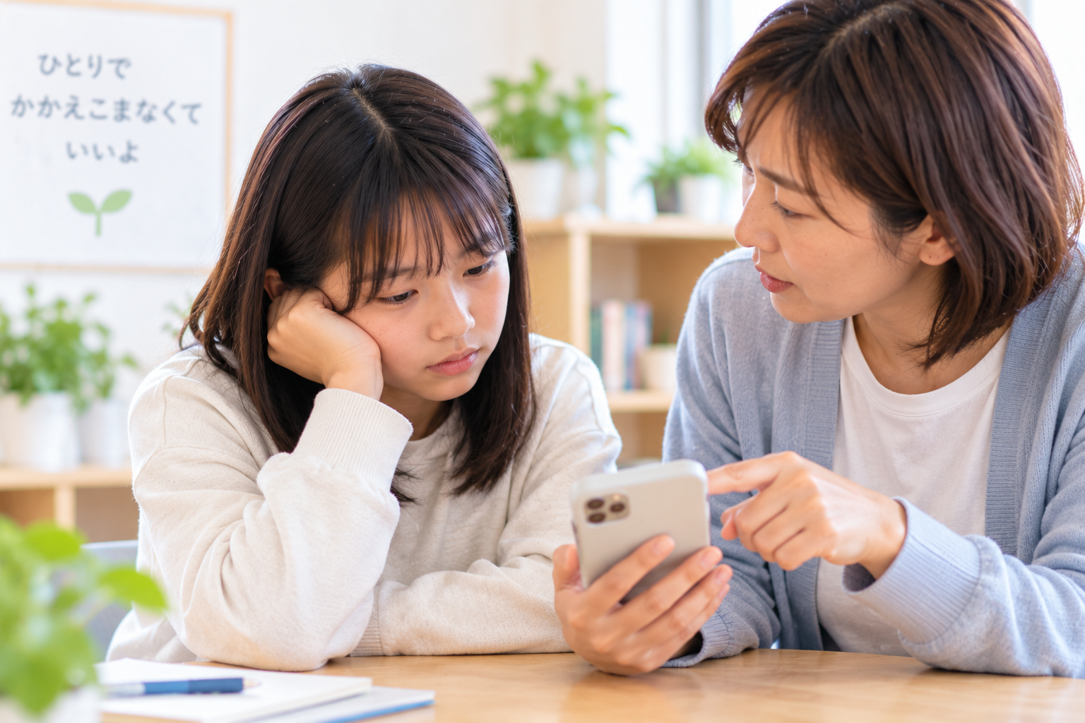 子どもと保護者がスマートフォンの内容を一緒に確認しているイメージ