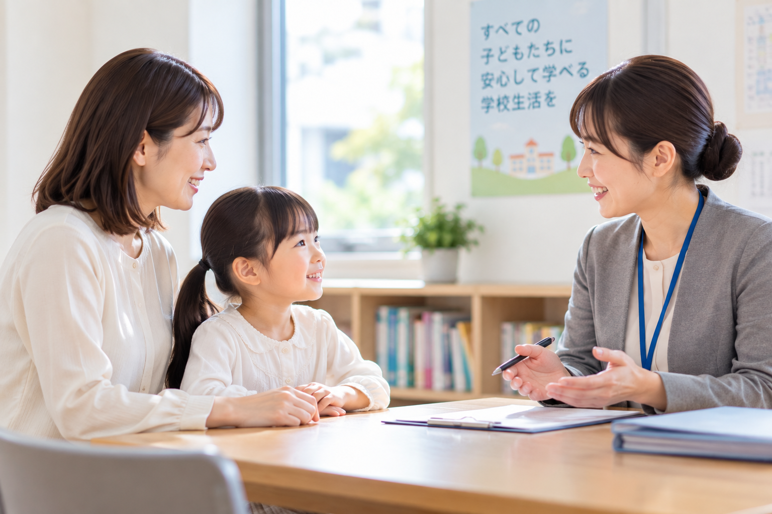 保護者と子どもが学校生活について相談しているイメージ