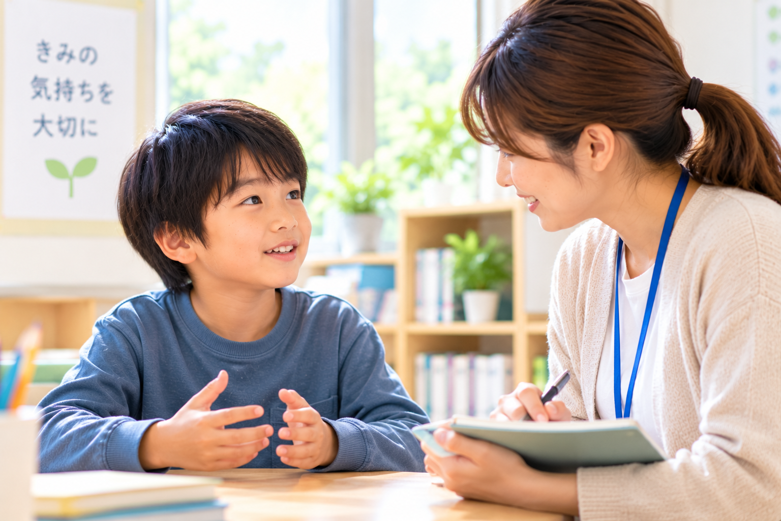 子どもが自分の困っていることを学校の大人へ話しているイメージ