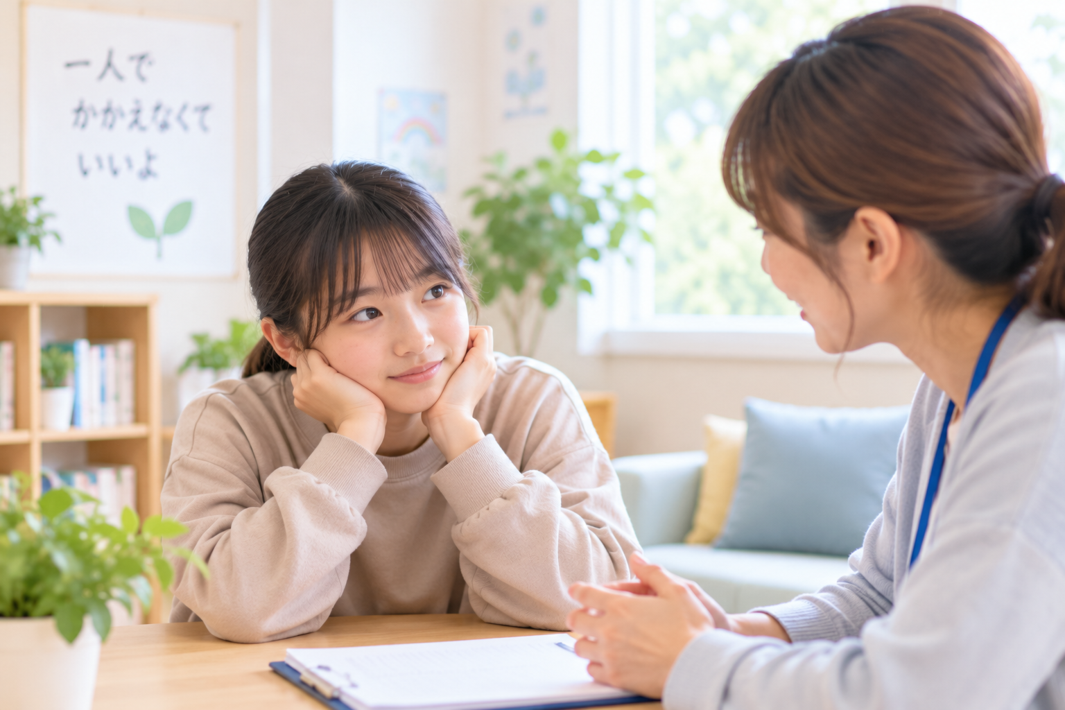子どもが相談できる大人と落ち着いて話しているイメージ