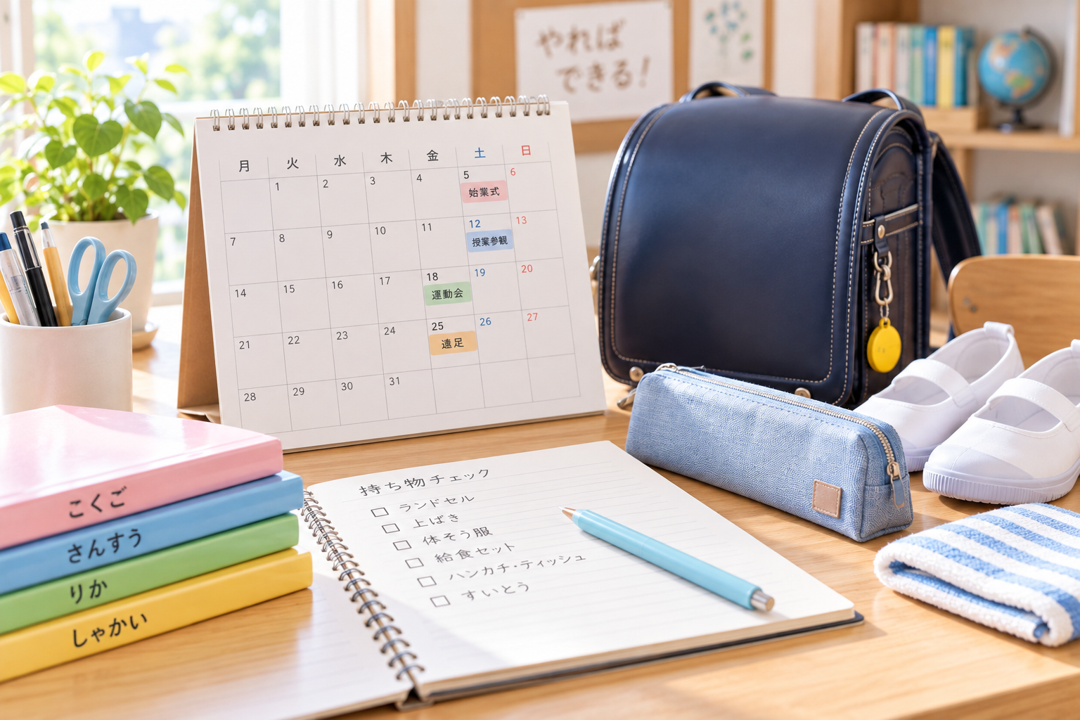 学校行事のカレンダーやランドセル、学用品を並べたイメージ