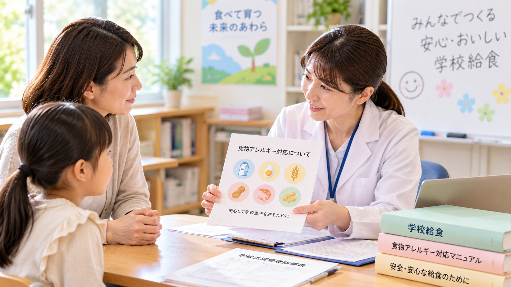 保護者と子どもが学校給食の食物アレルギー対応について相談しているイメージ