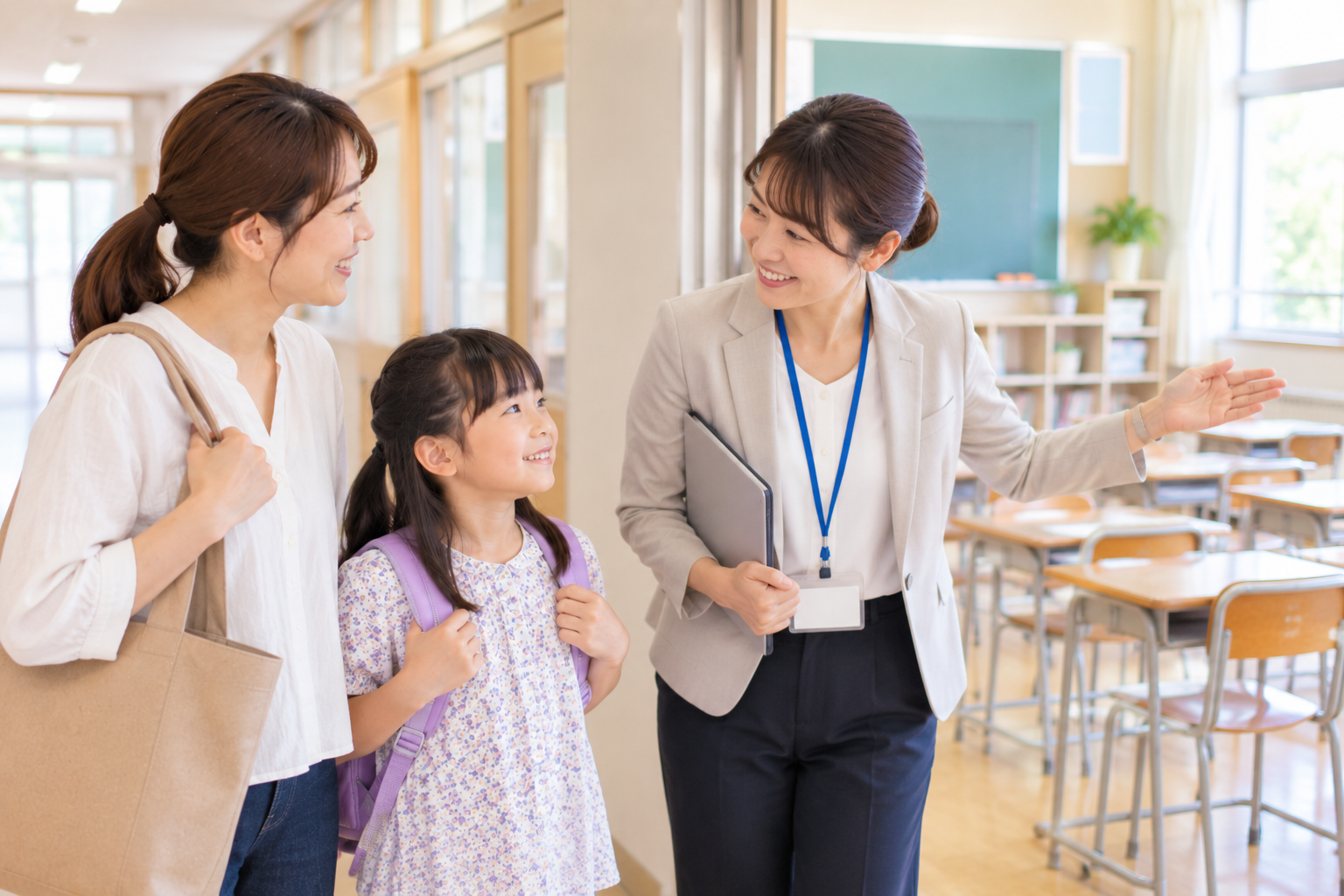 入学前の子どもと保護者が先生と一緒に学校や教室を見学しているイメージ