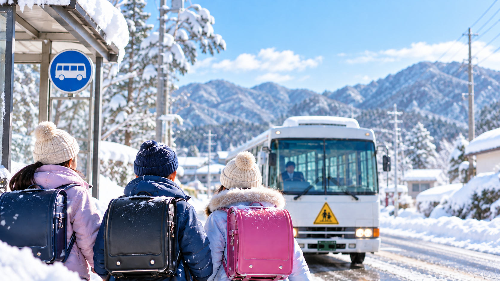 雪の日に子どもたちがスクールバスを待っているイメージ