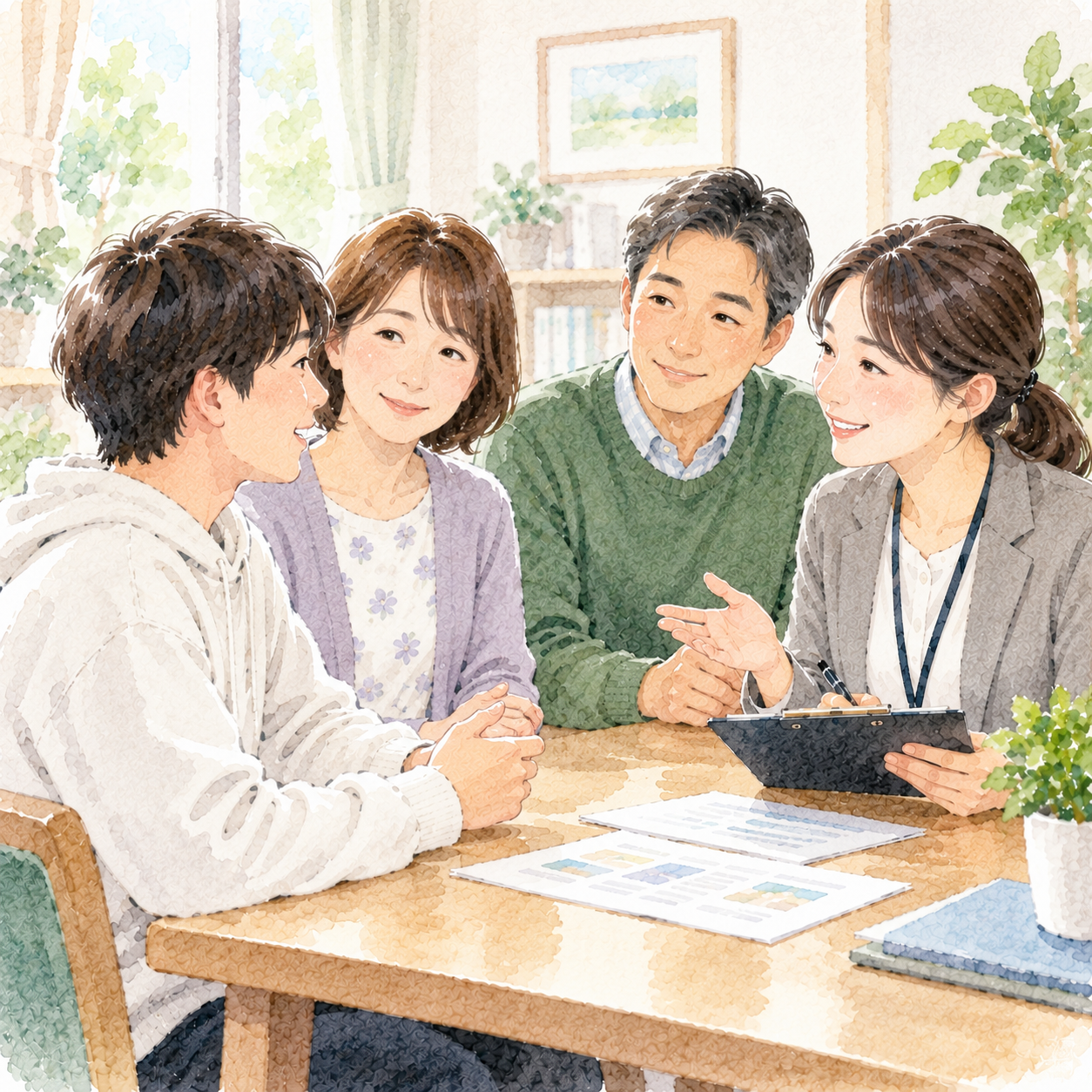 本人と家族が相談員と一緒に将来の暮らしについて話し合うイラスト