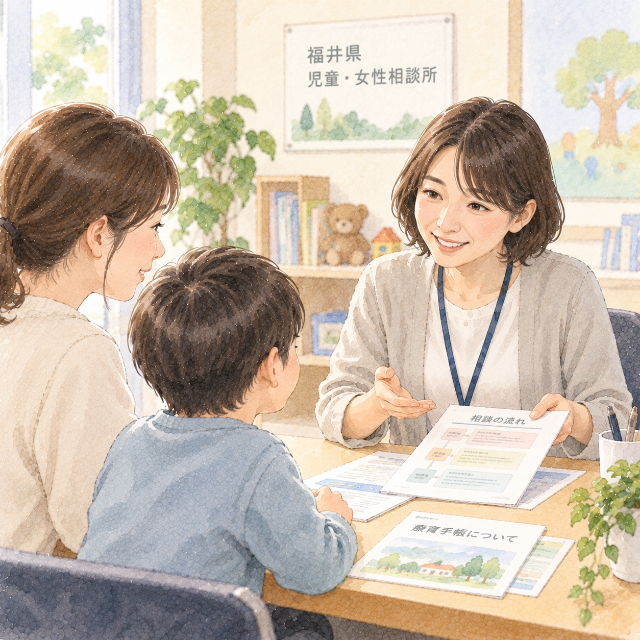 本人と家族が療育手帳の判定について相談している水彩イラスト