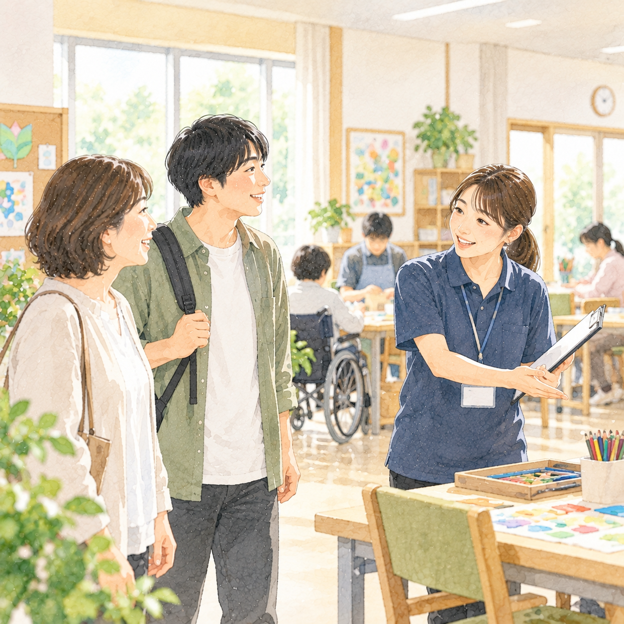 福祉サービス事業所の活動スペースを見学し、職員から説明を受ける人の水彩イラスト