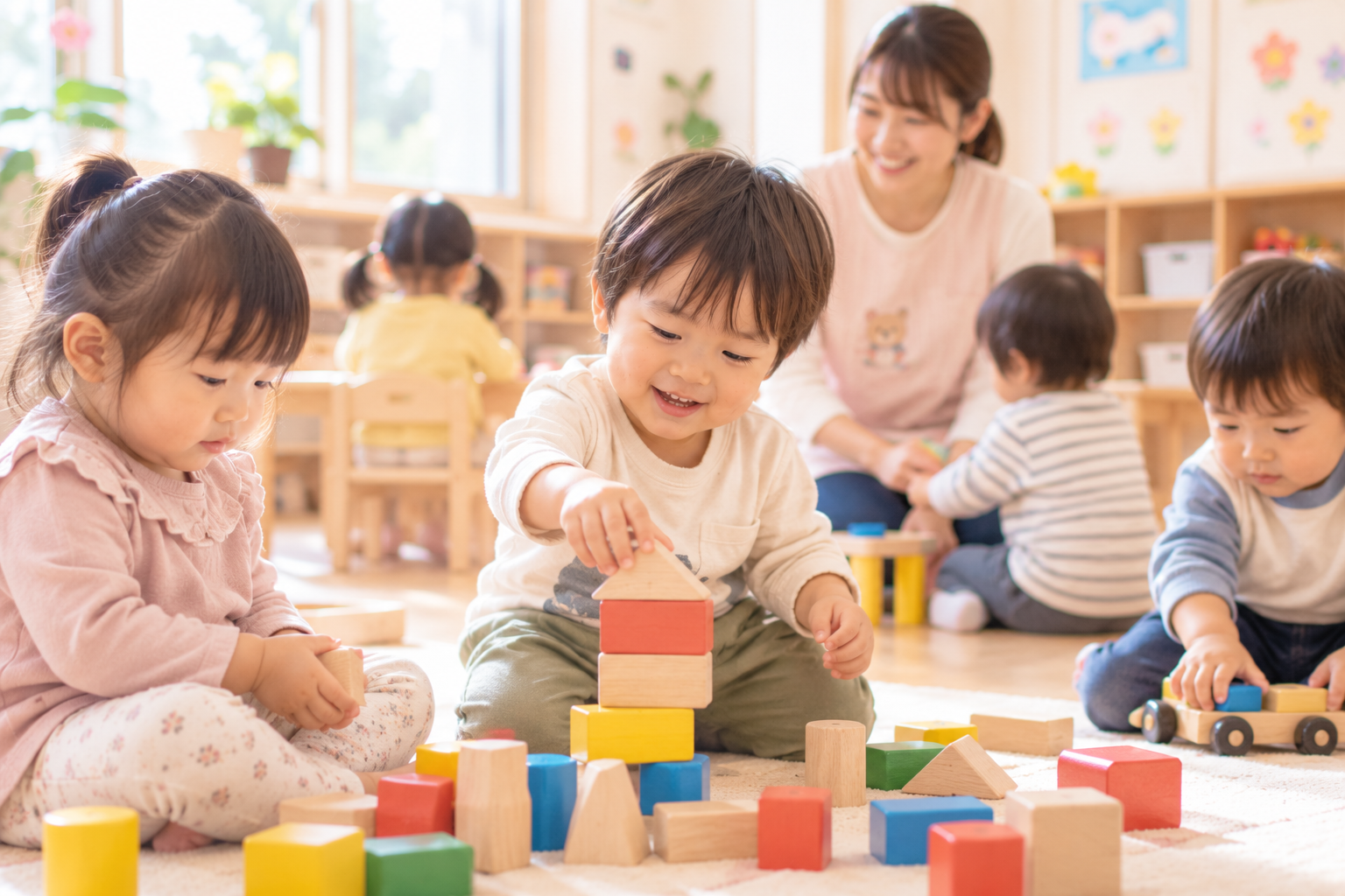 園でそれぞれの遊びを楽しむ2歳ごろの子どもたちのイメージ