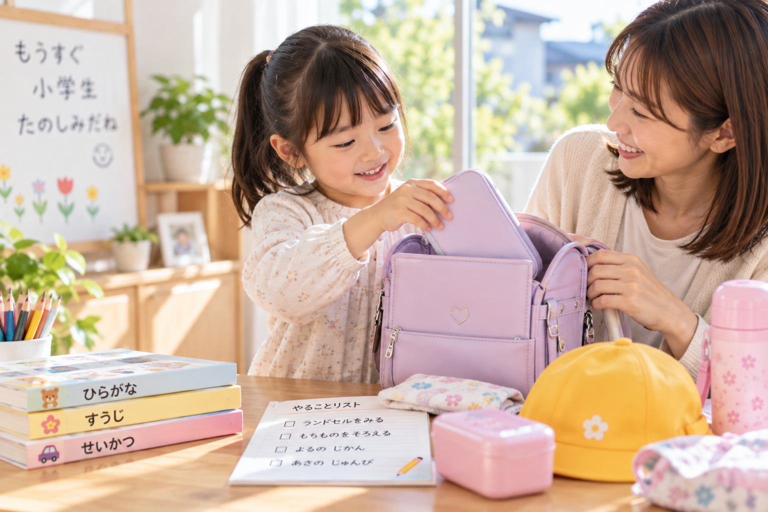 小学校入学を前に準備をする子どもと保護者のイメージ