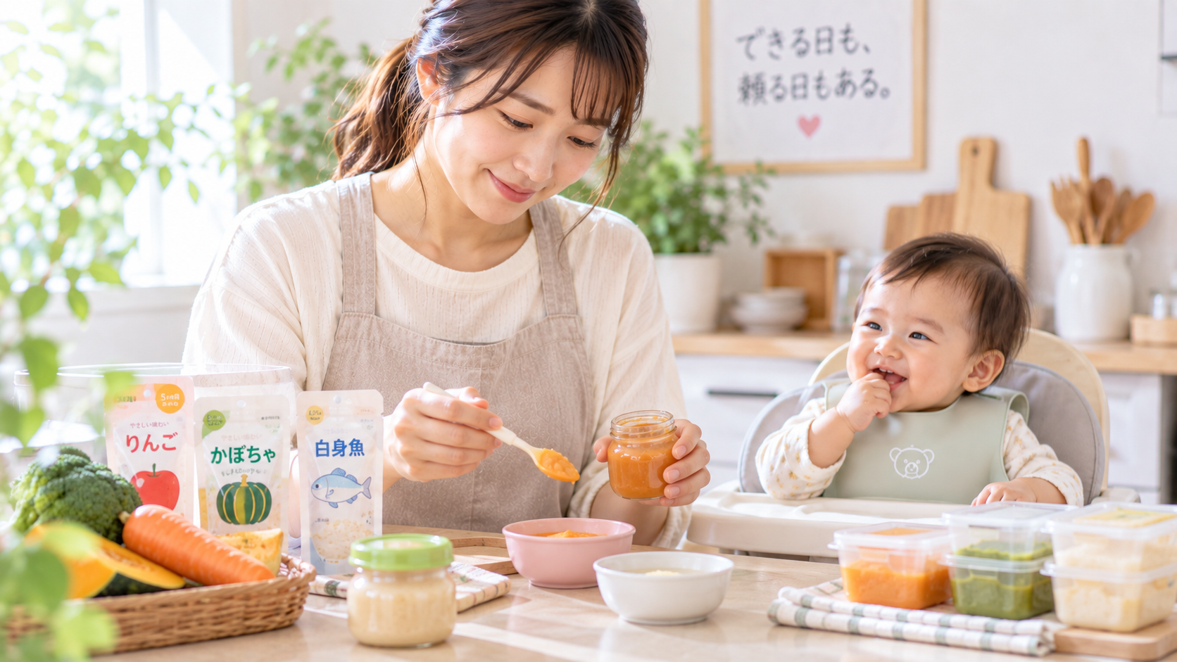 市販のベビーフードも使いながら離乳食を準備する保護者のイメージ
