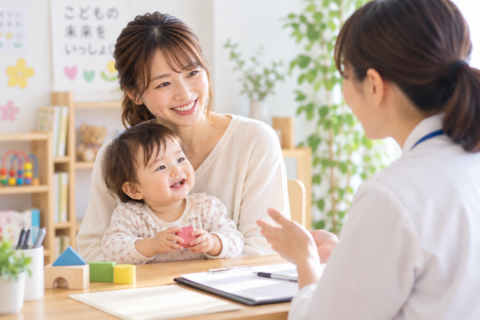 子育てについて相談する保護者と子どものイメージ