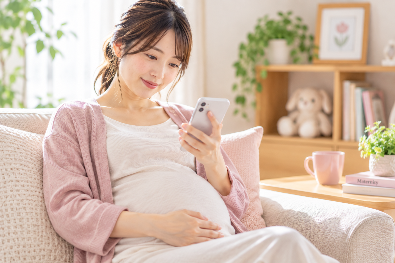 妊娠中に自宅からスマートフォンで相談する女性のイメージ