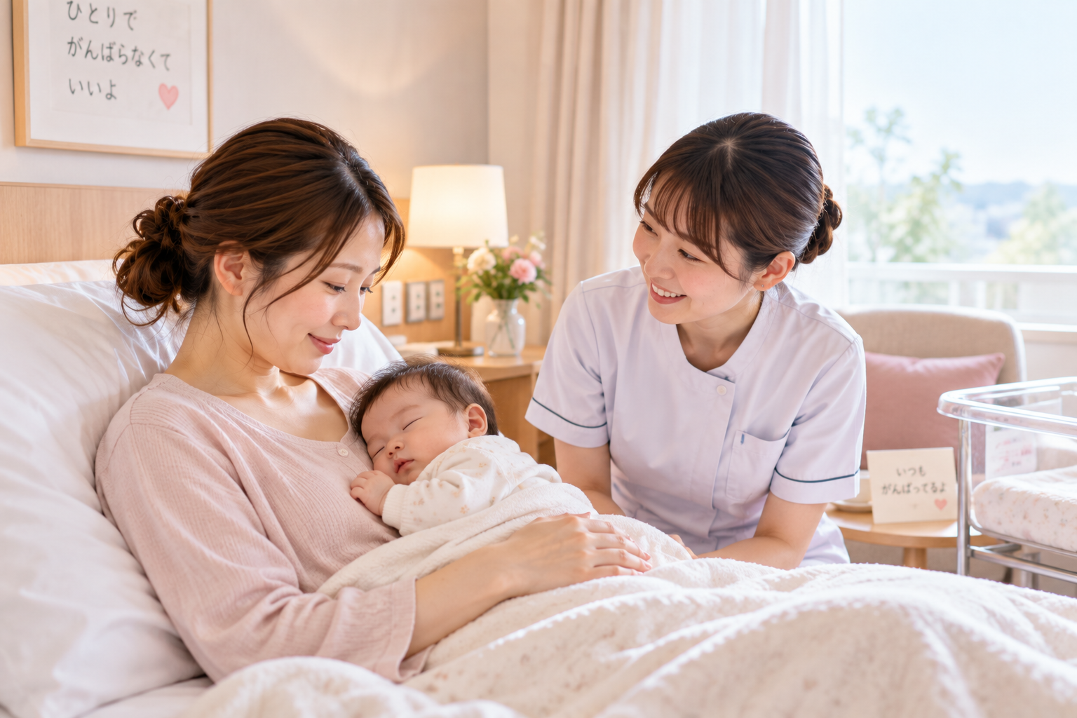 医療機関の個室で赤ちゃんと一緒に休養する産後の保護者のイメージ