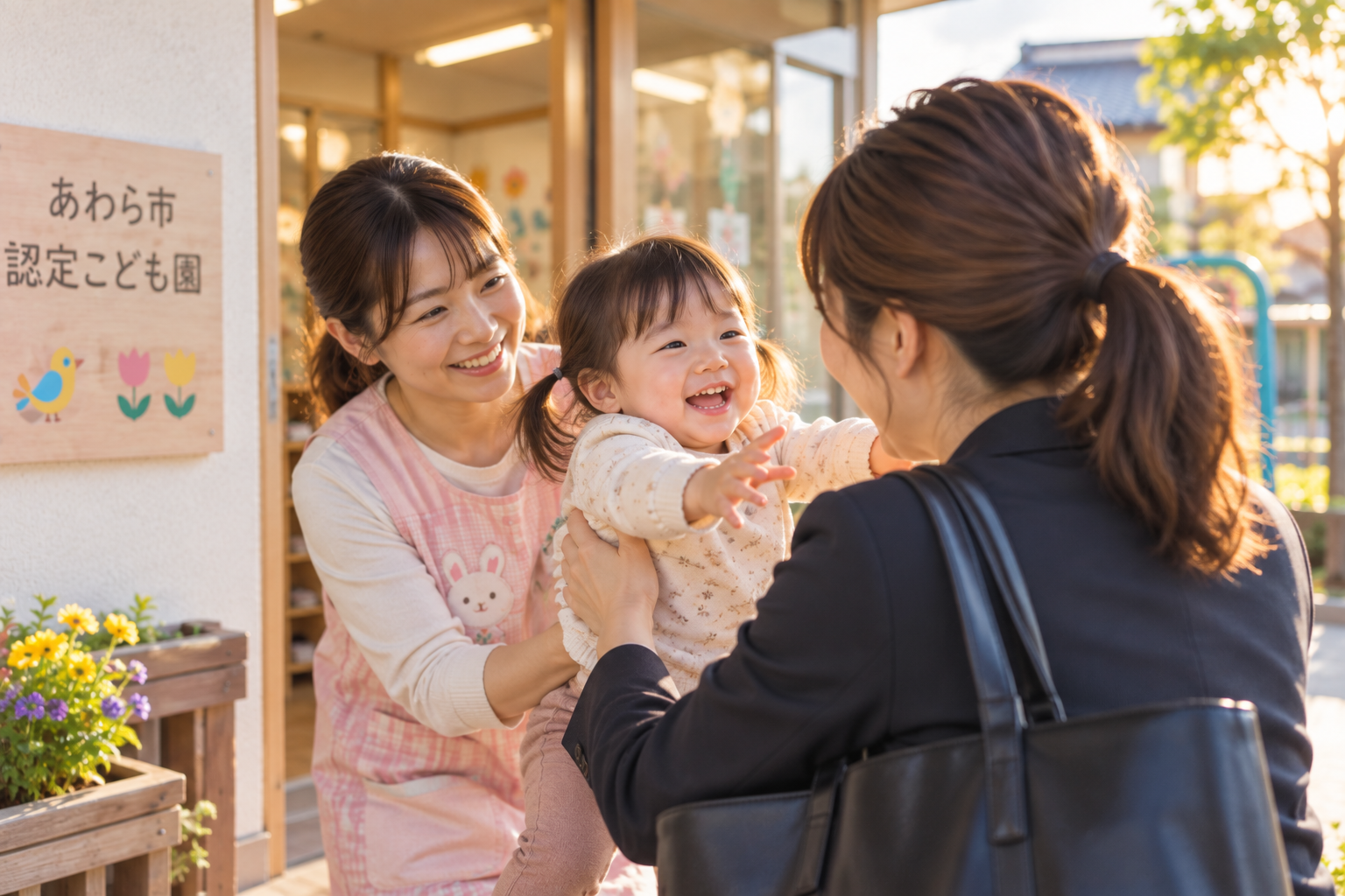 仕事復帰に向けて登園準備を家族で分担するイメージ