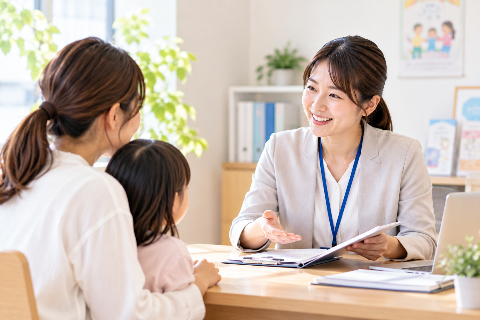 支援について相談員と話す保護者と子どものイメージ