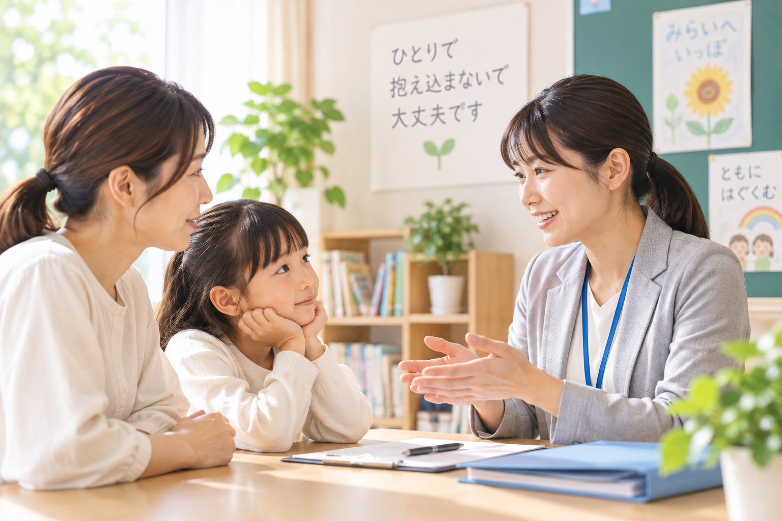 子どもと保護者が学校の相談員と落ち着いて話しているイメージ