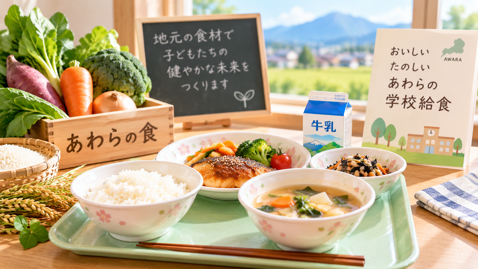 地域の食材や和食を取り入れた学校給食のイメージ