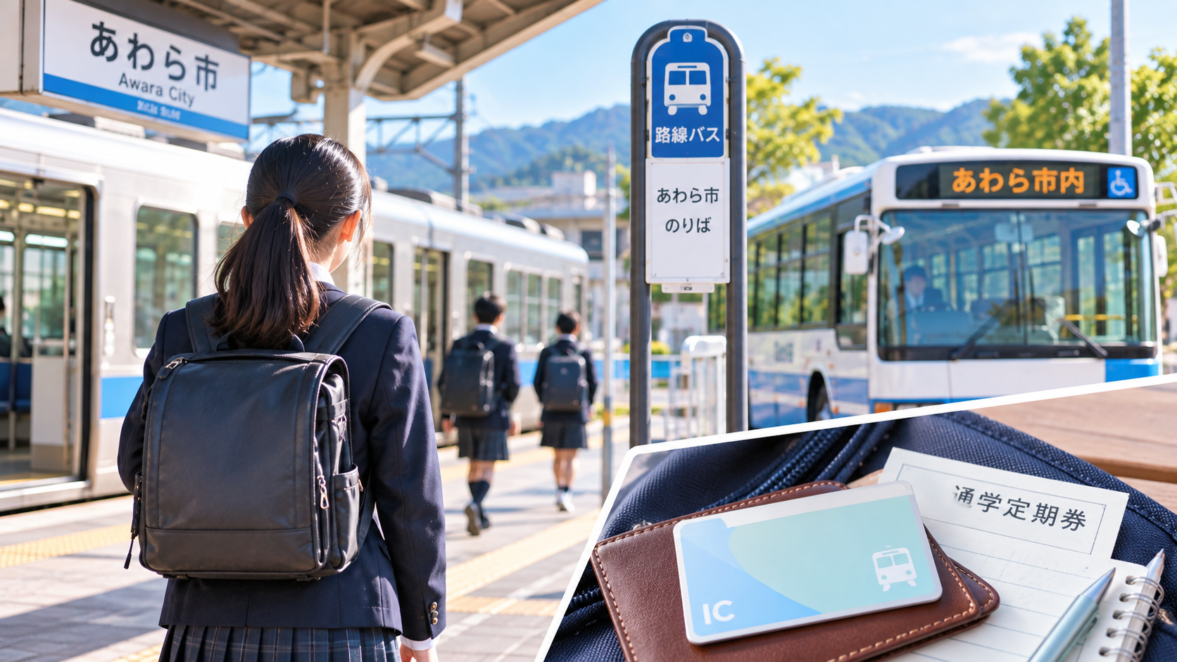 電車や路線バスなど公共交通機関を利用して通学するイメージ