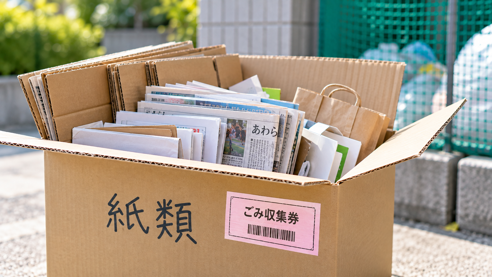ふたを開けた段ボールに紙類を入れ、収集券を貼るイメージ