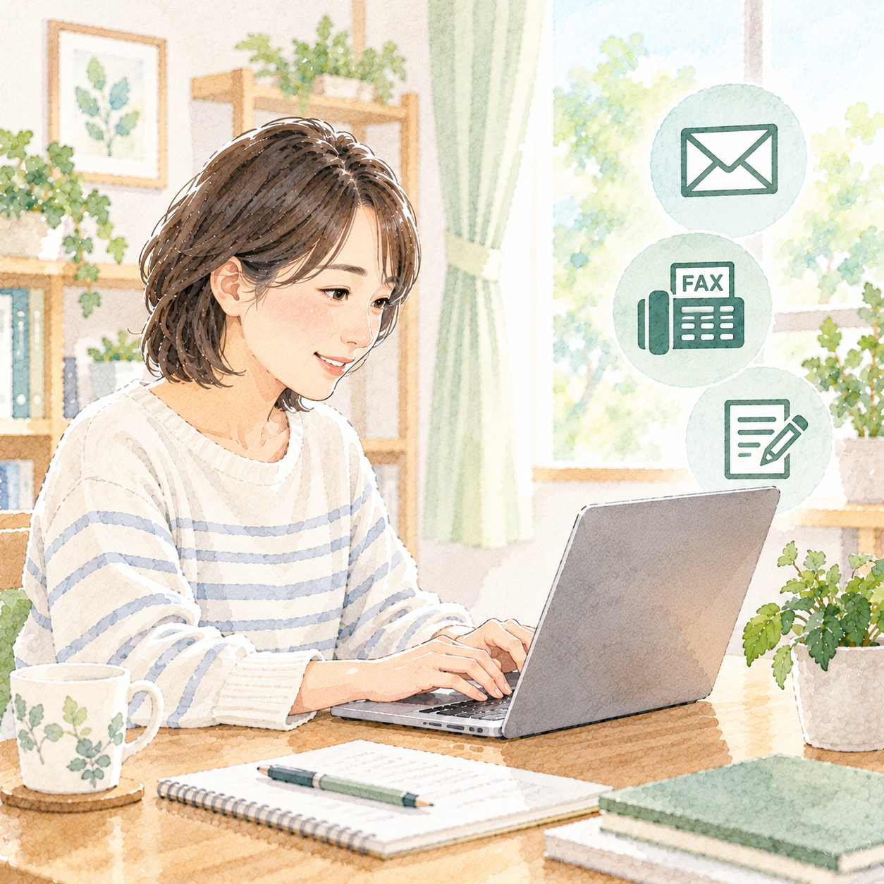 パソコンを使って相談内容を文章で伝える人のイラスト