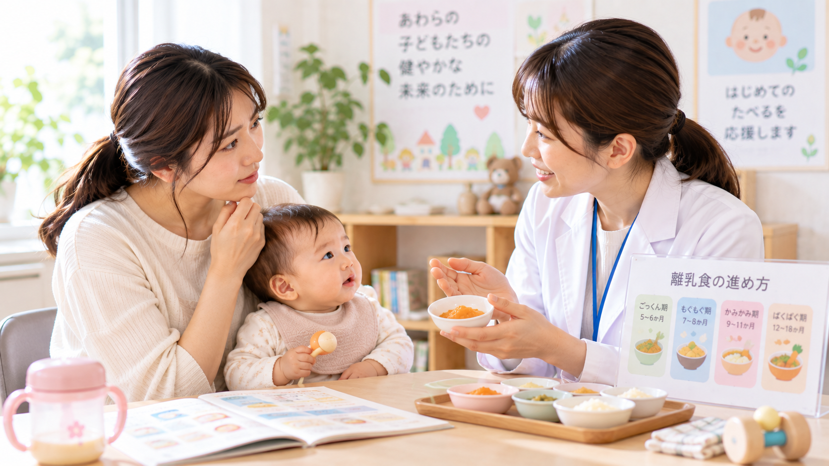 保護者が専門職に赤ちゃんの食事について相談するイメージ