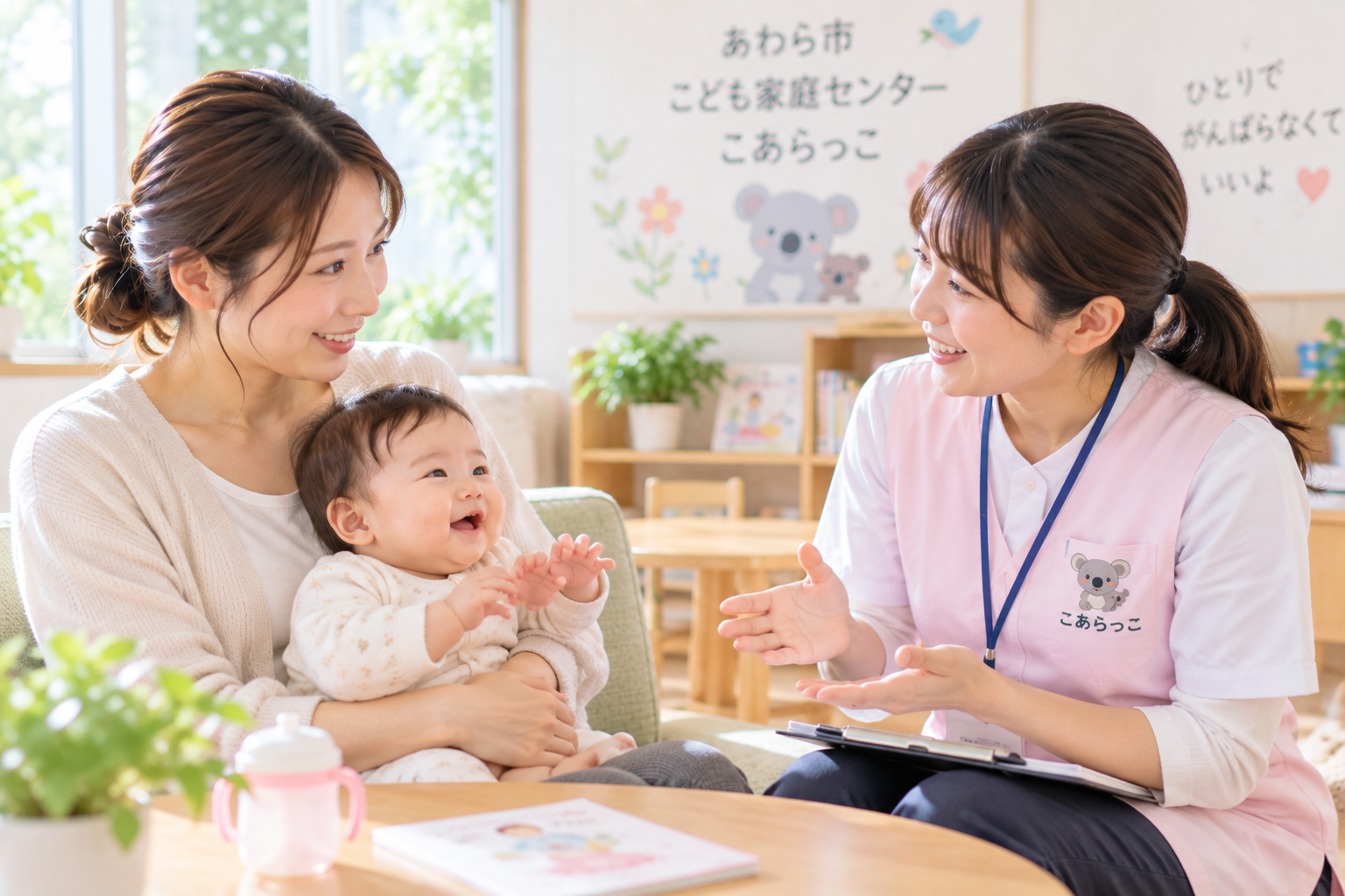保護者と赤ちゃんが支援者に相談し、安心して話しているイメージ