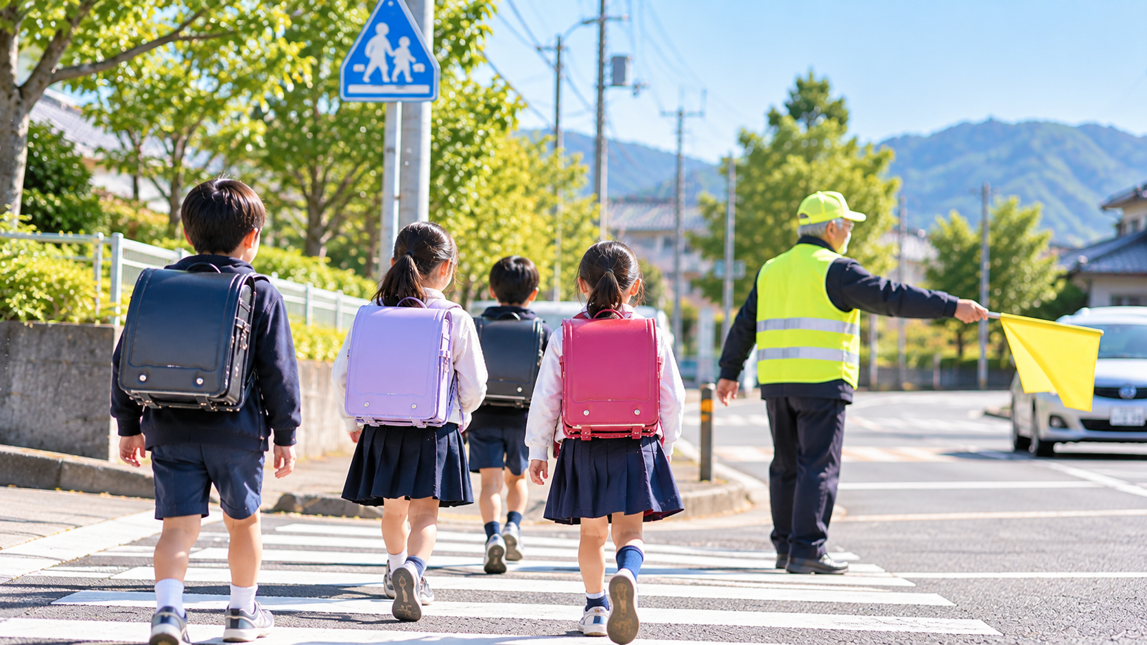 見守りの中で子どもたちが横断歩道を安全に渡っているイメージ