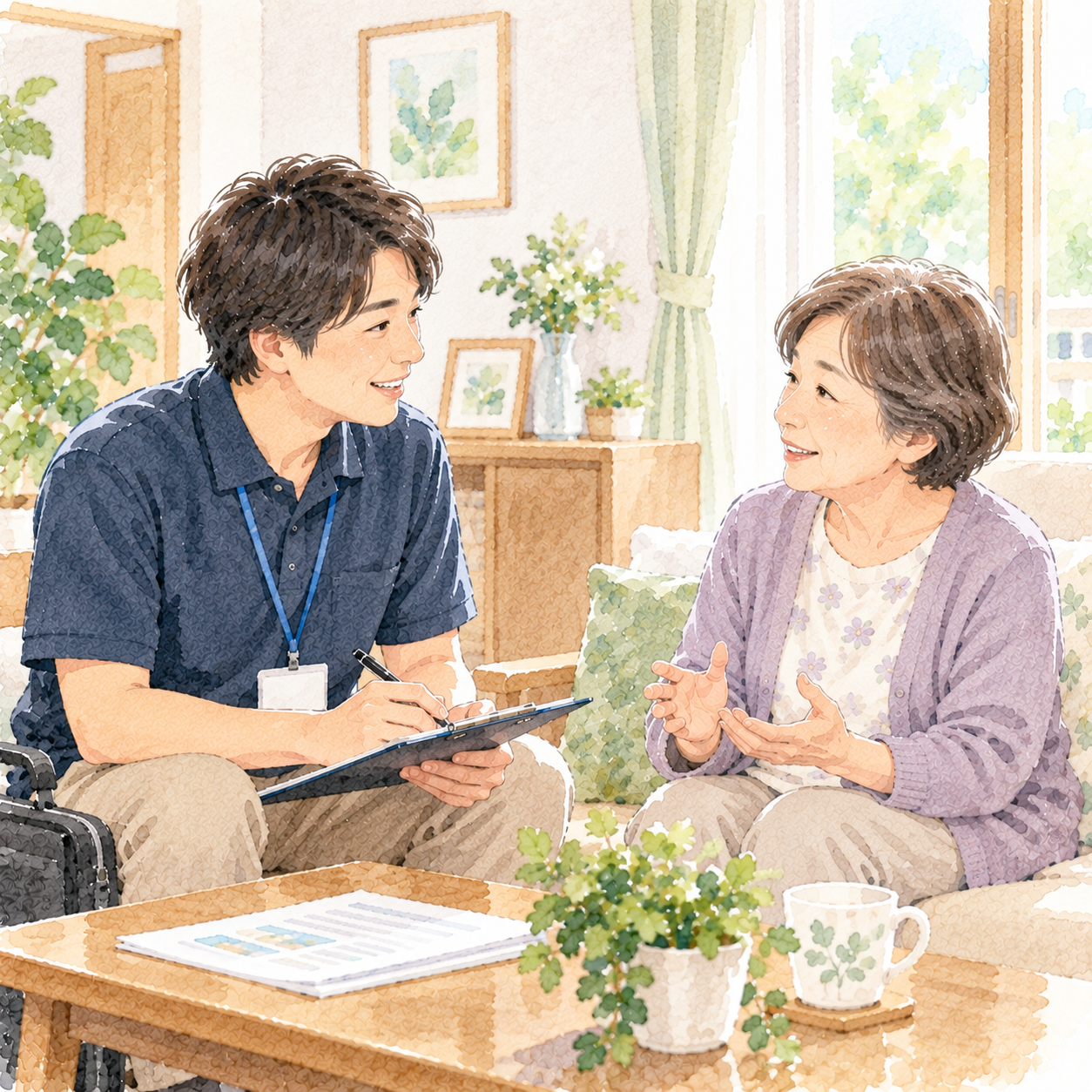 自宅で本人が相談員と落ち着いて話しているイラスト