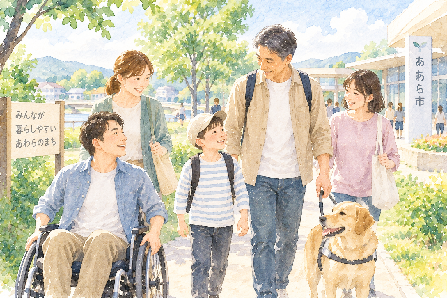 地域で外出や社会参加を楽しむ人々の水彩イラスト