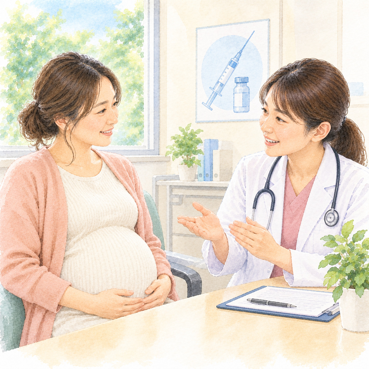 妊婦が医療スタッフに予防接種について相談するイメージ