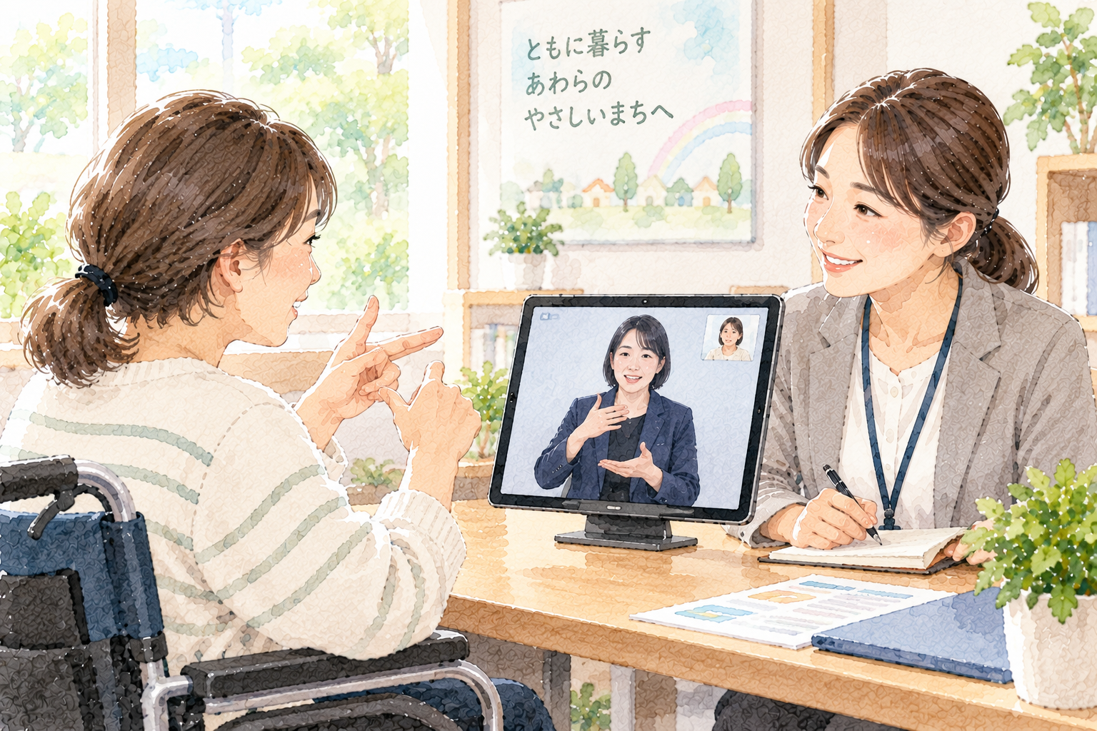 タブレットの画面に映る通訳者を介して手話で相談する場面のイラスト