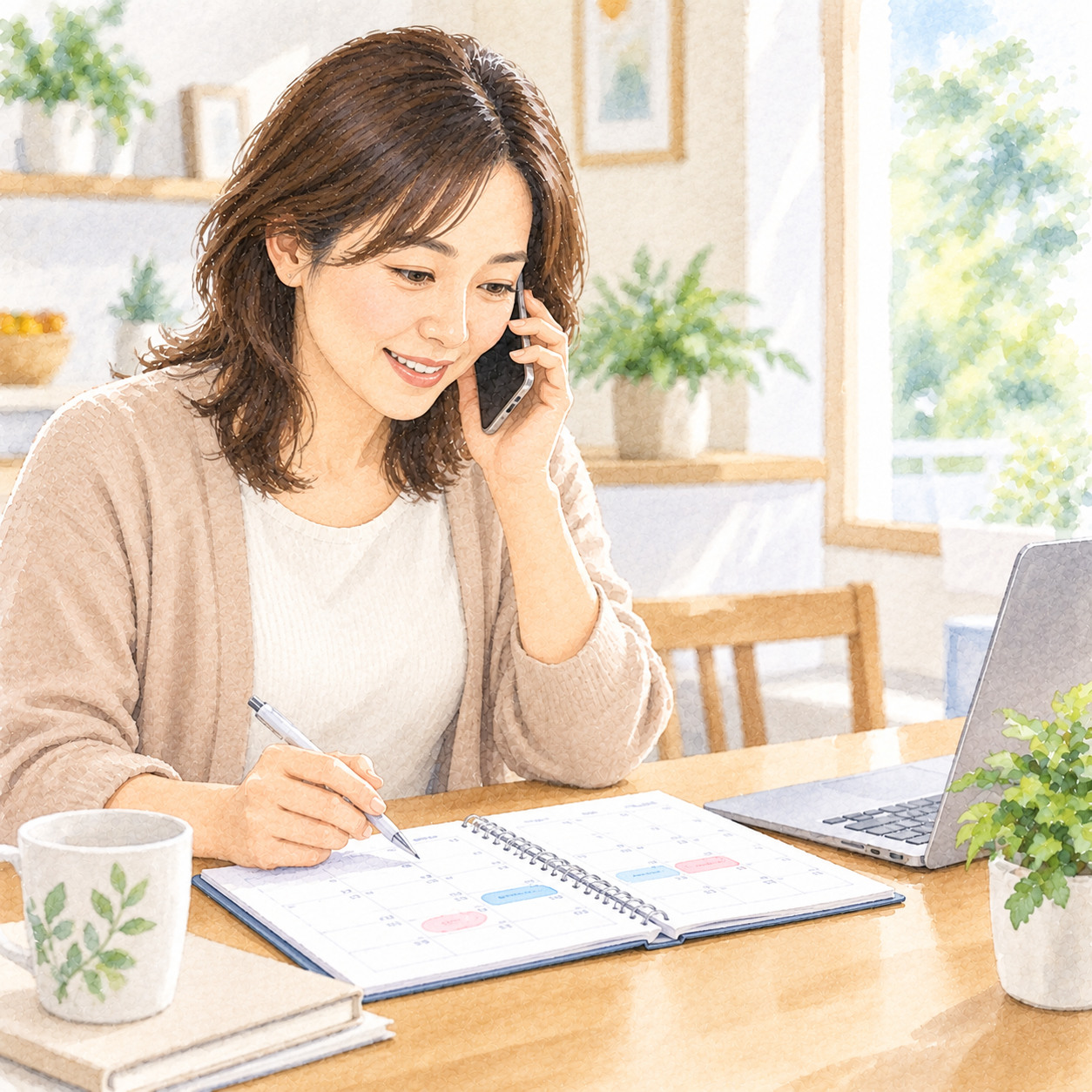 自宅で電話をしながらカレンダーで予約日を確認する女性