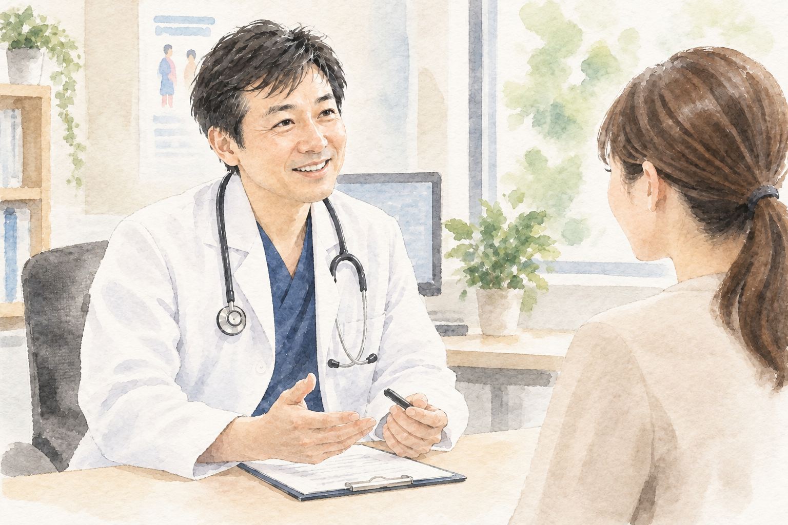 予防接種前に医師へ相談する女性
