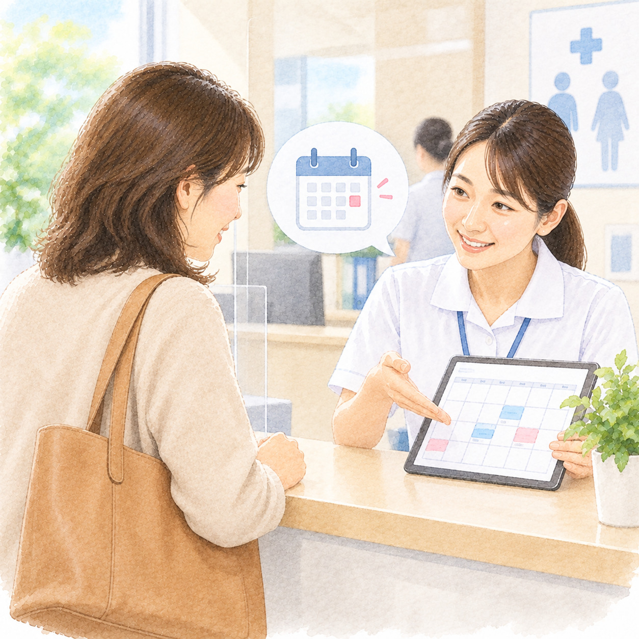 窓口で予防接種の書類について相談する女性