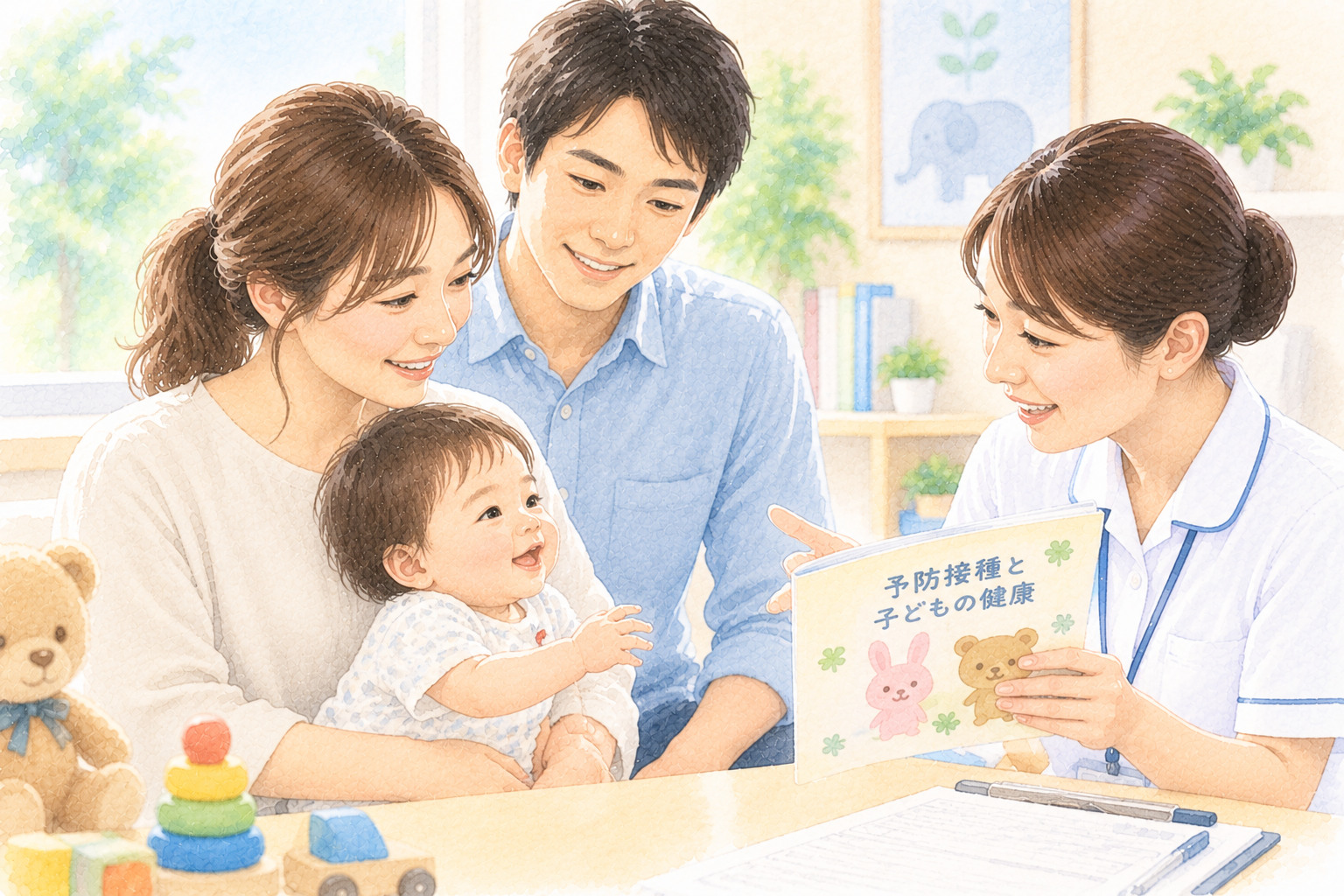 家族と子どもが医療スタッフに相談するイラスト