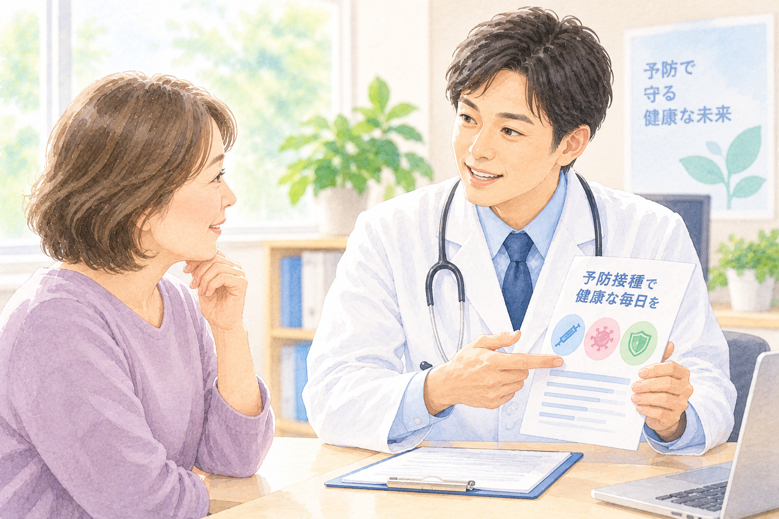 高齢の女性が医師に相談するイラスト