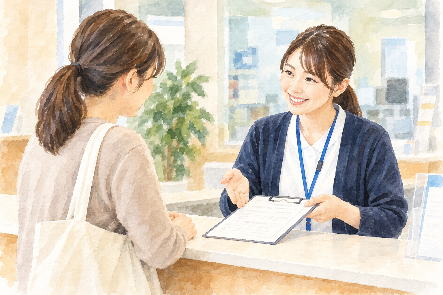 窓口でスタッフに相談する女性の水墨画風イラスト