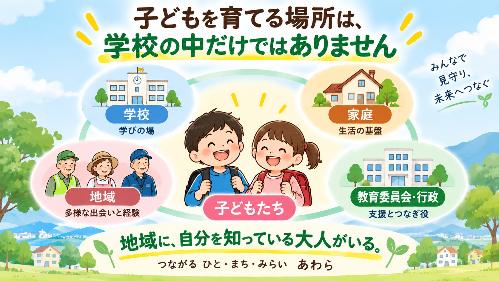 子どもを育てる場所は学校の中だけではありません。学校、家庭、地域、教育委員会・行政が子どもたちを支える