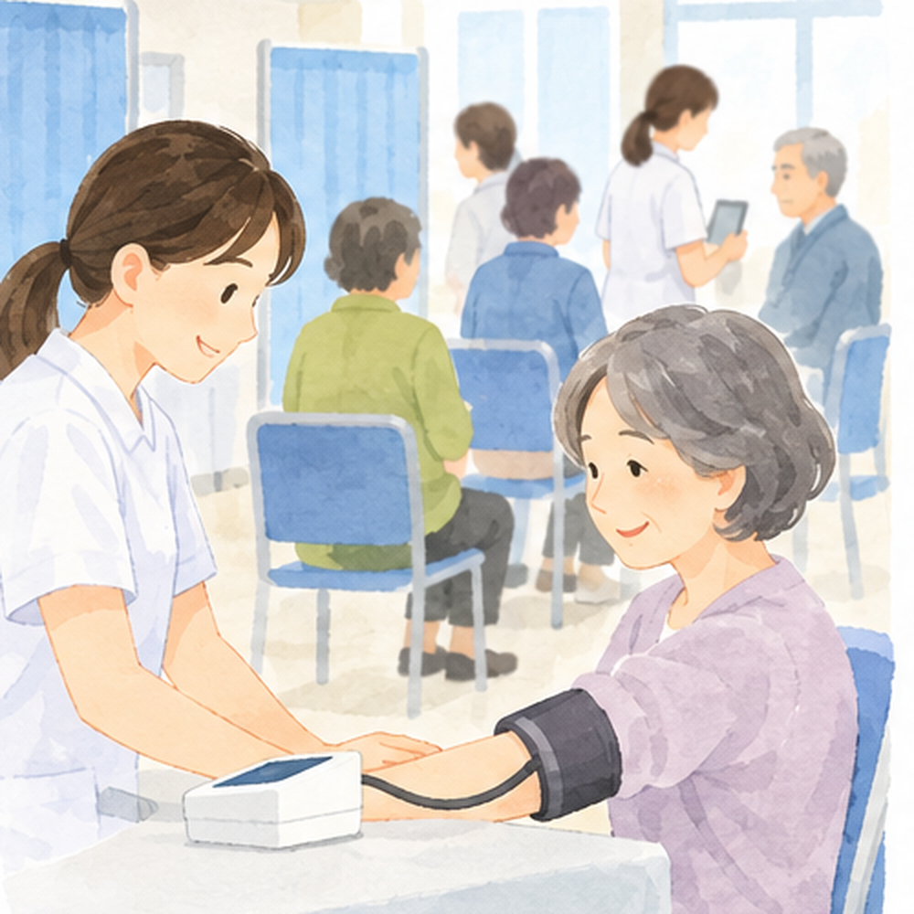 集団健診の会場で、複数の受診者に医療スタッフが対応する様子